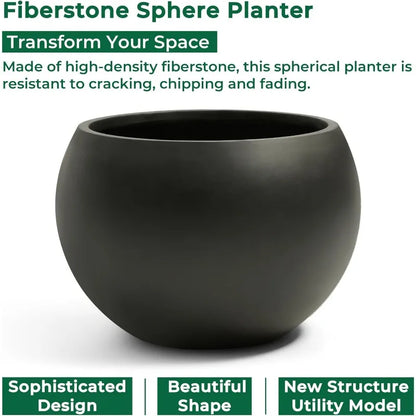 Black 16.6" Spherical Fiberstone Extra Large Planter