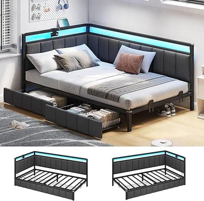 Twin Size Corner Bed Frame with Storage