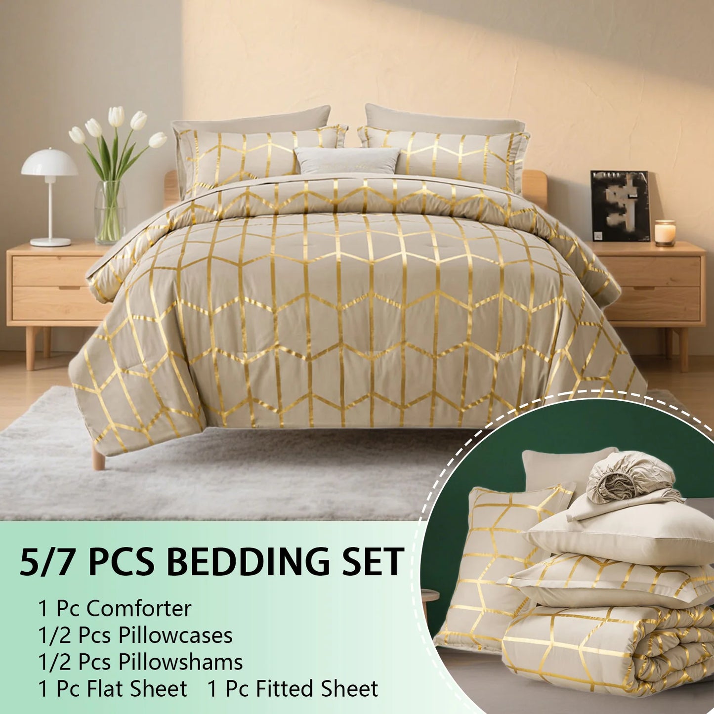 Elegant gold foil Queen Comforter Set