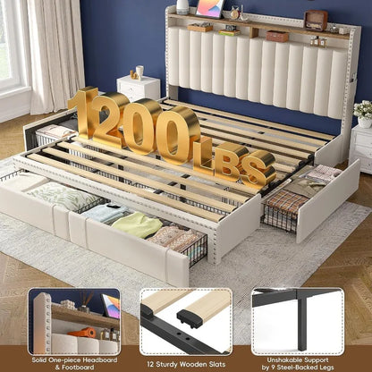 King Size Bed Frame with 4 Storage Drawers