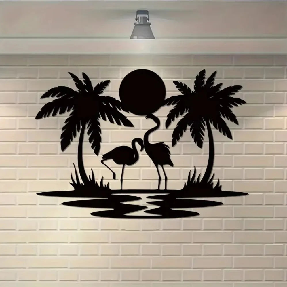 Vibrant Metal Flamingo, Palm Tree & Sunset