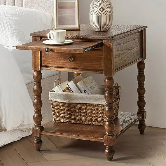 Solid Wood Spindle Nightstand with Charging Station