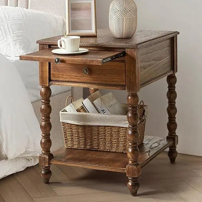 Solid Wood Spindle Nightstand with Charging Station