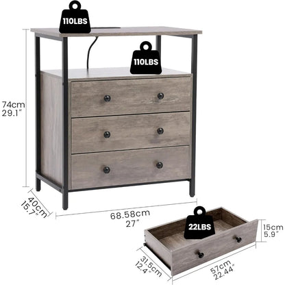 27" W Nightstand with Charging Station, Adjustable Drawers
