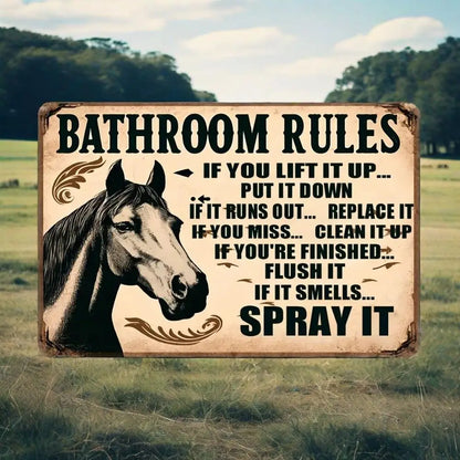 Vintage Horse Illustration Bathroom Rules Tin Sign
