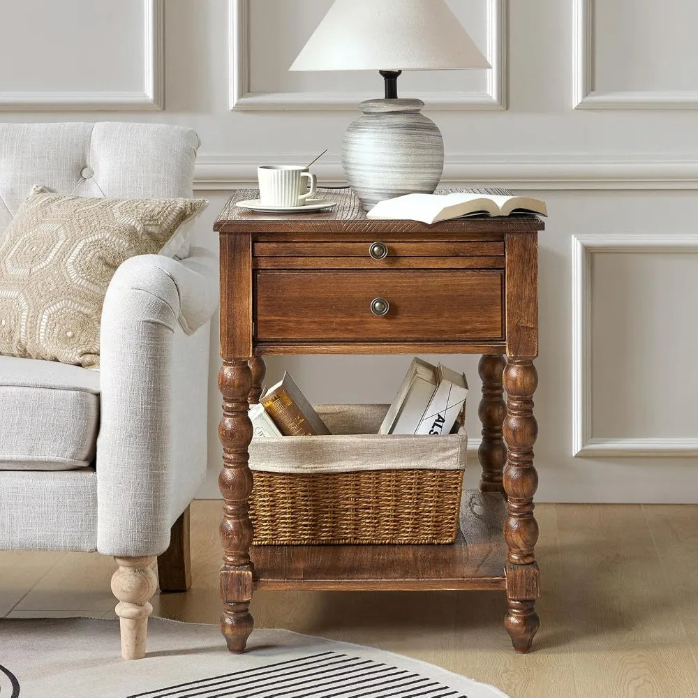 Solid Wood Spindle Nightstand with Charging Station