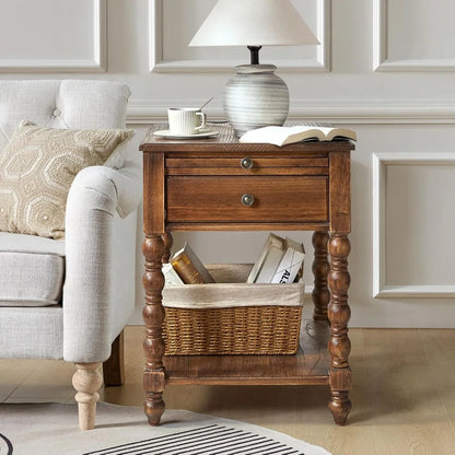 Solid Wood Spindle Nightstand with Charging Station
