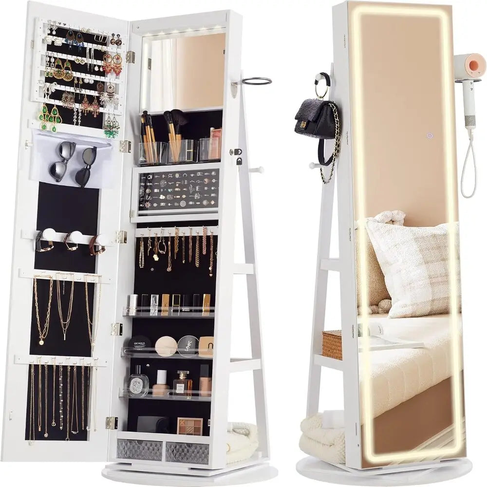 LED Mirror Jewelry Cabinet Standing, 360° Swivel