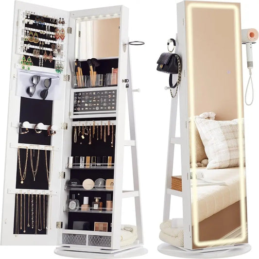 LED Mirror Jewelry Cabinet Standing, 360° Swivel