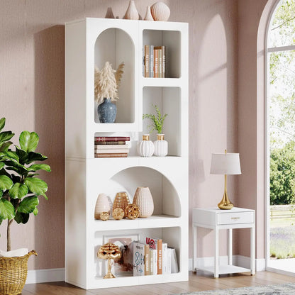 White Arched Bookcase, 70.87" Tall Geometric Bookshelf
