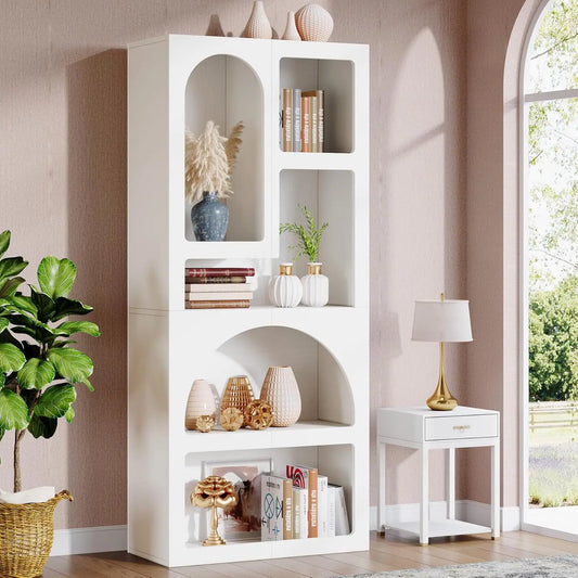 White Arched Bookcase, 70.87" Tall Geometric Bookshelf
