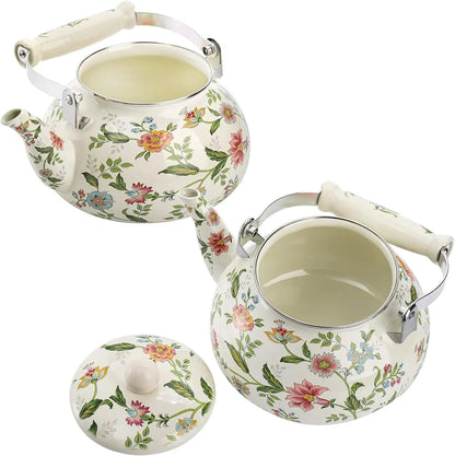 Green Floral 2.6qt Vintage Enamel Tea Kettle