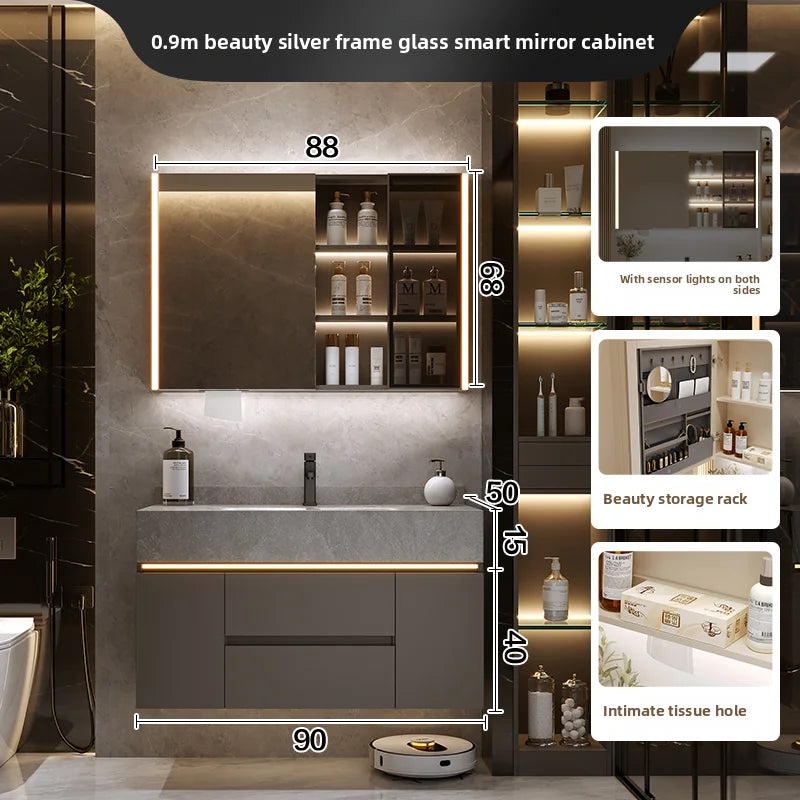 Bathroom Cabinet with Rock Plate Integrated Basin