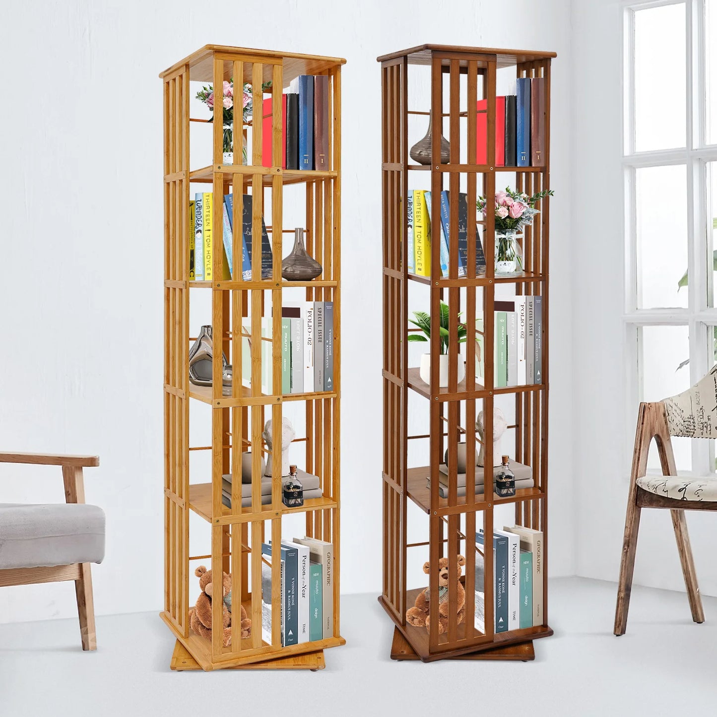 5-Tier Bamboo Rotating Bookcase,Tan/Wood Color
