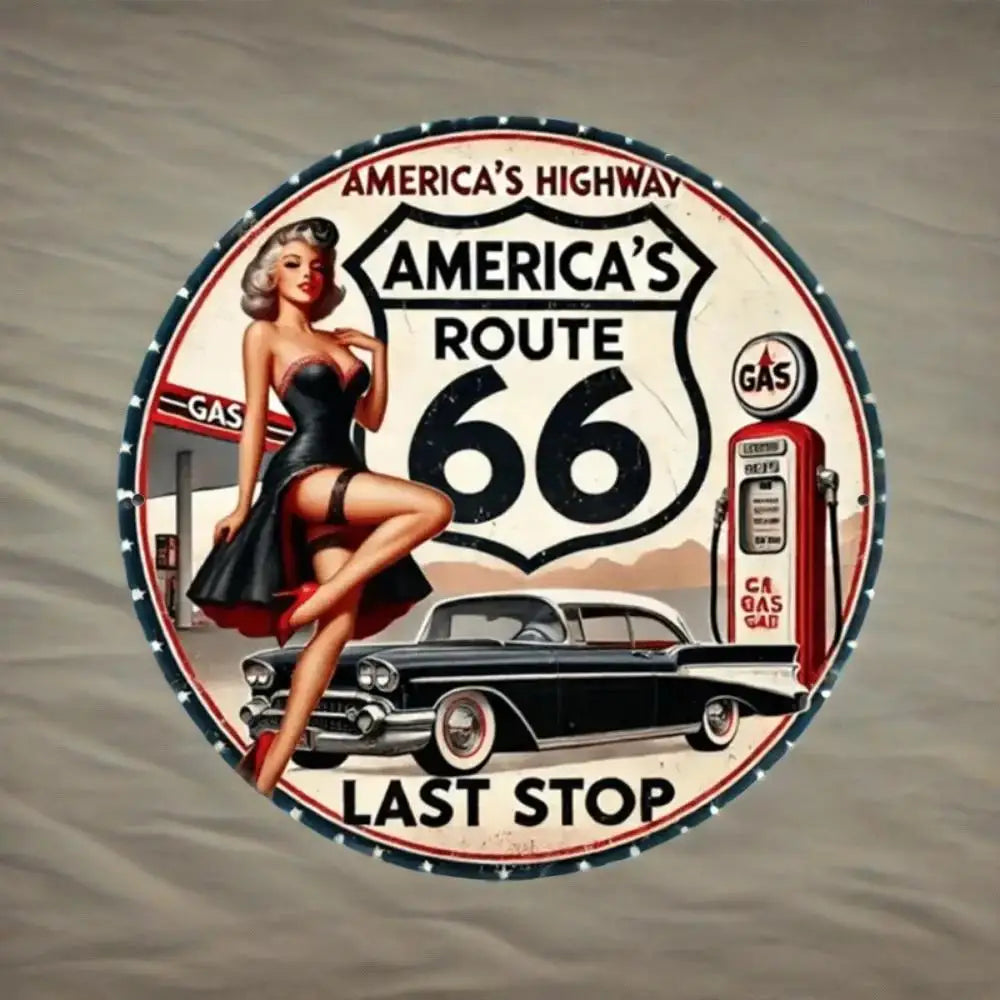 Round Vintage Route 66 Metal Sign Art