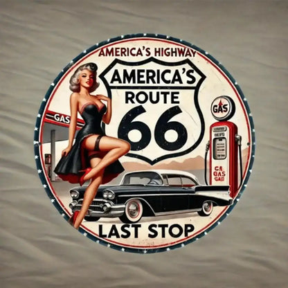 Round Vintage Route 66 Metal Sign Art