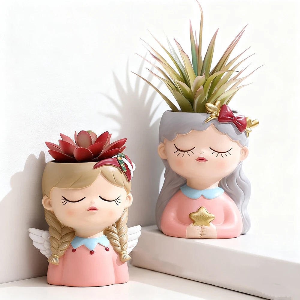 Cute Cartoon Girl Resin Flower Pot Desktop