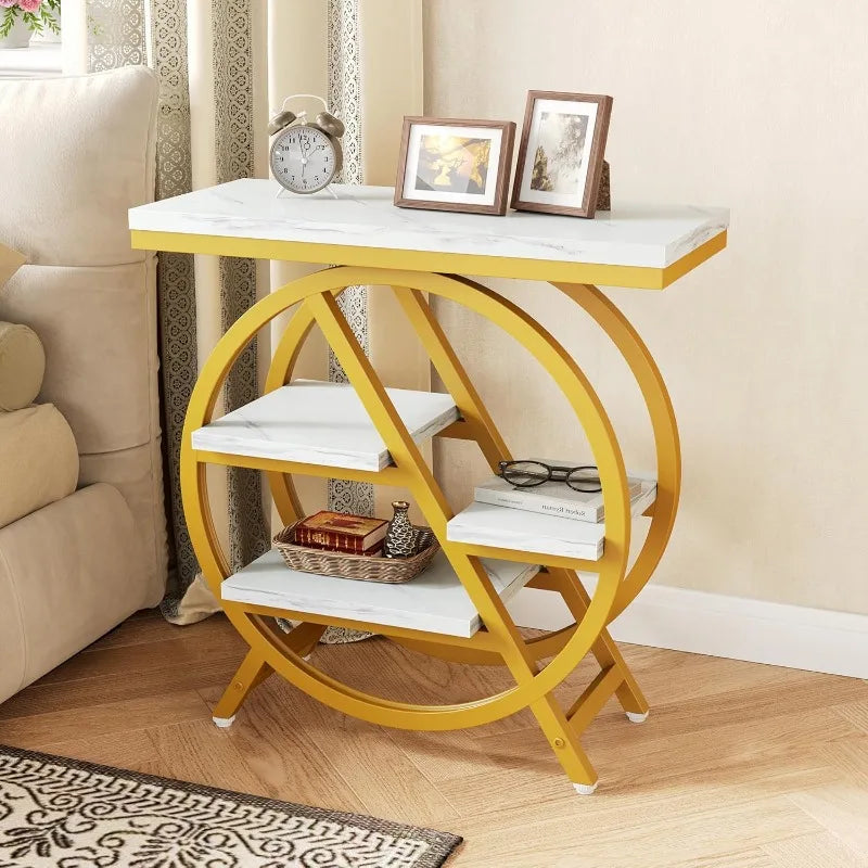 Narrow Faux Marble Side Table White/Gold