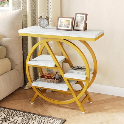 Narrow Faux Marble Side Table White/Gold