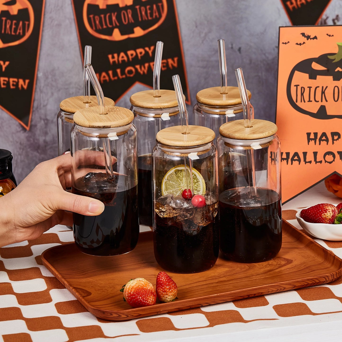 Drinking Glasses with Bamboo Lids, Glass Straw