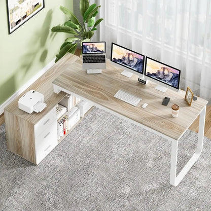 L Shaped Desk with Drawers and Shelves