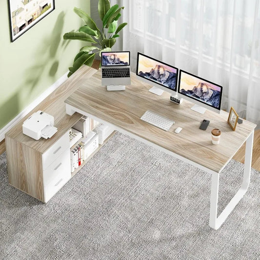 L Shaped Desk with Drawers and Shelves