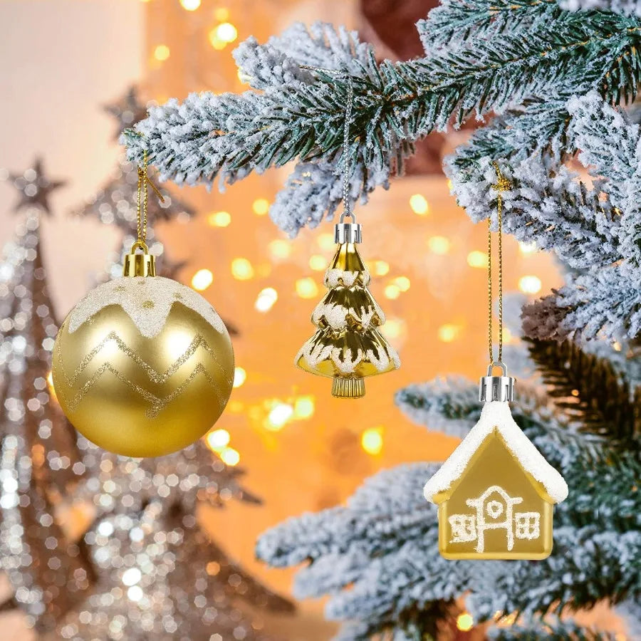 60Pc Shatterproof White Gold Assorted Christmas Ornaments