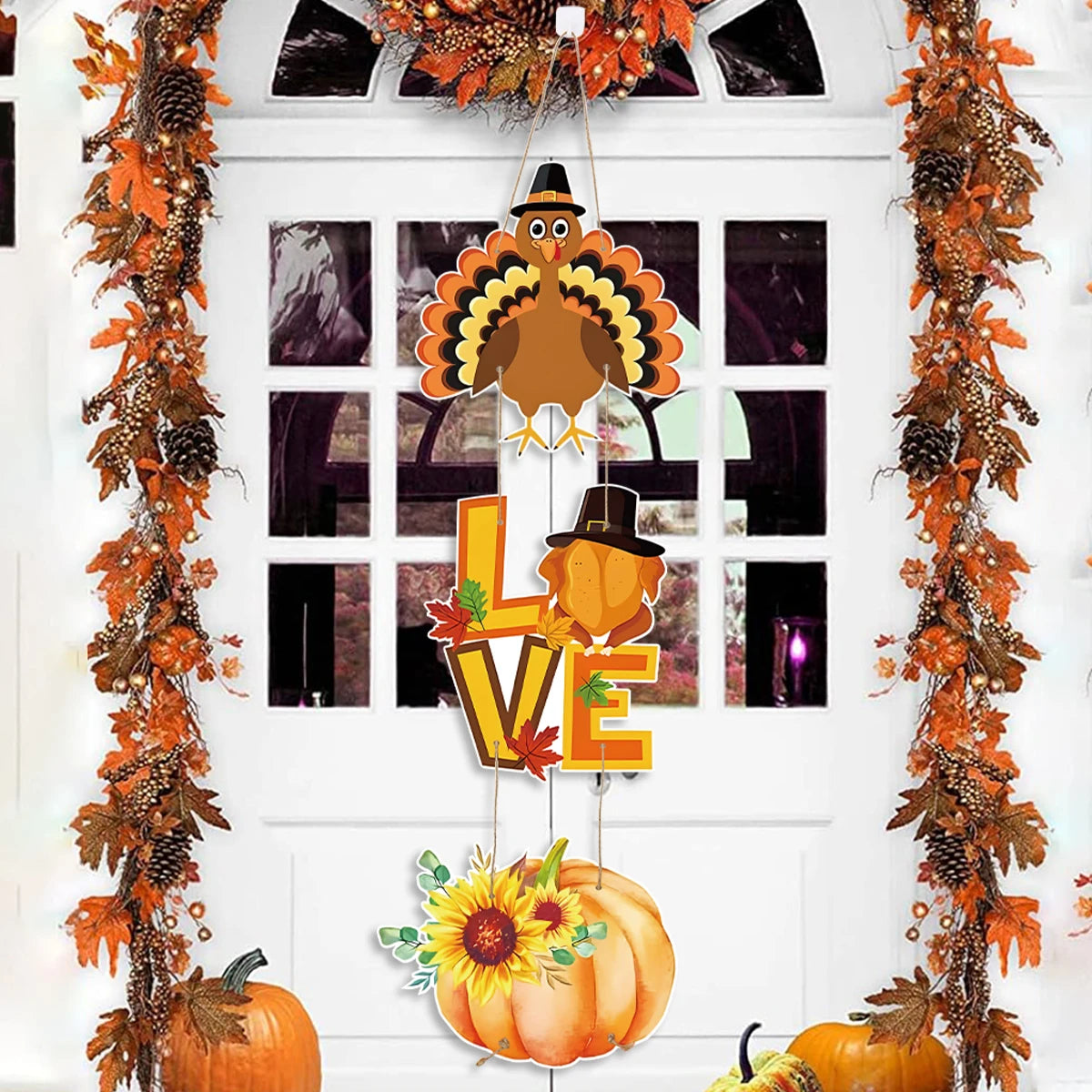 Happy Thanksgiving Day Door Banner Autumn Wreath