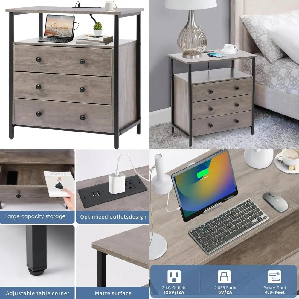 27" W Nightstand with Charging Station, Adjustable Drawers