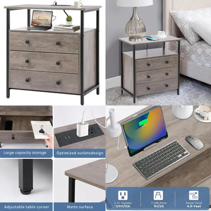 27" W Nightstand with Charging Station, Adjustable Drawers
