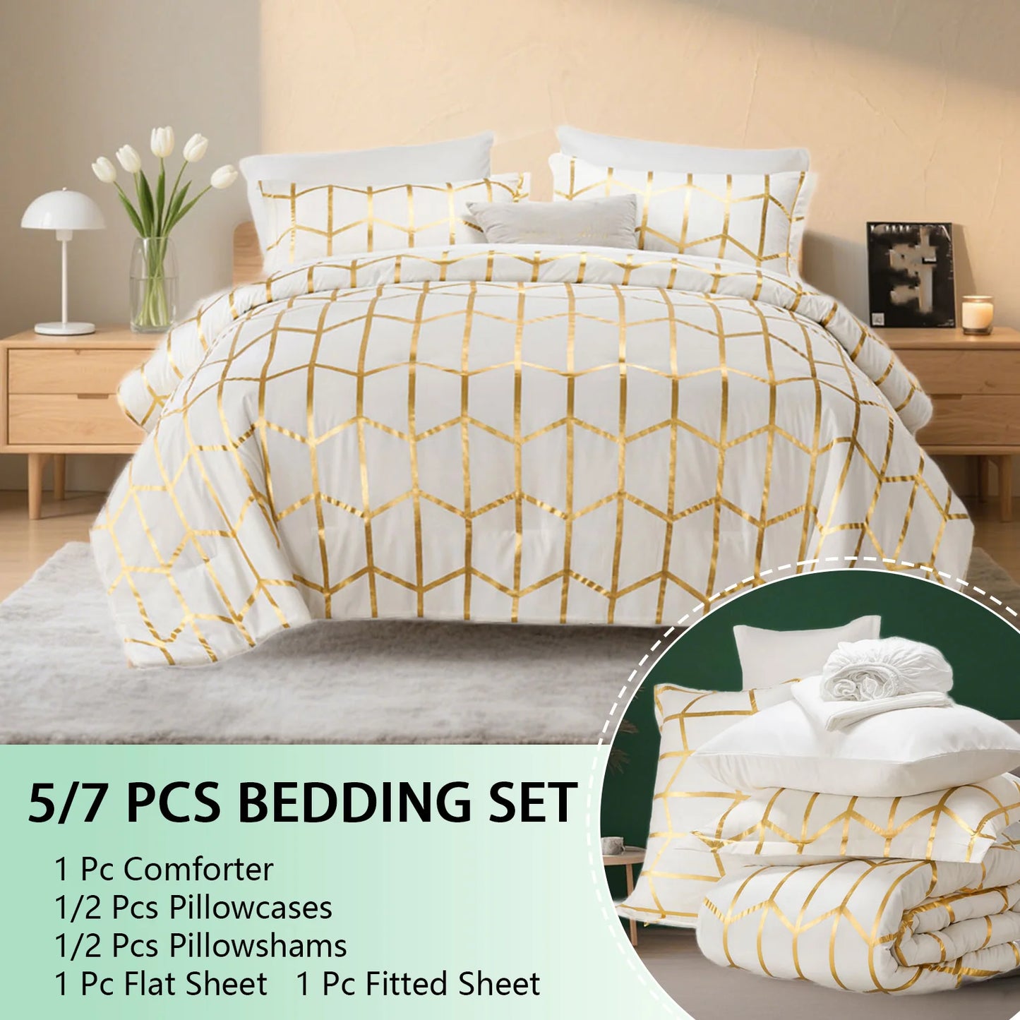 Elegant gold foil Queen Comforter Set