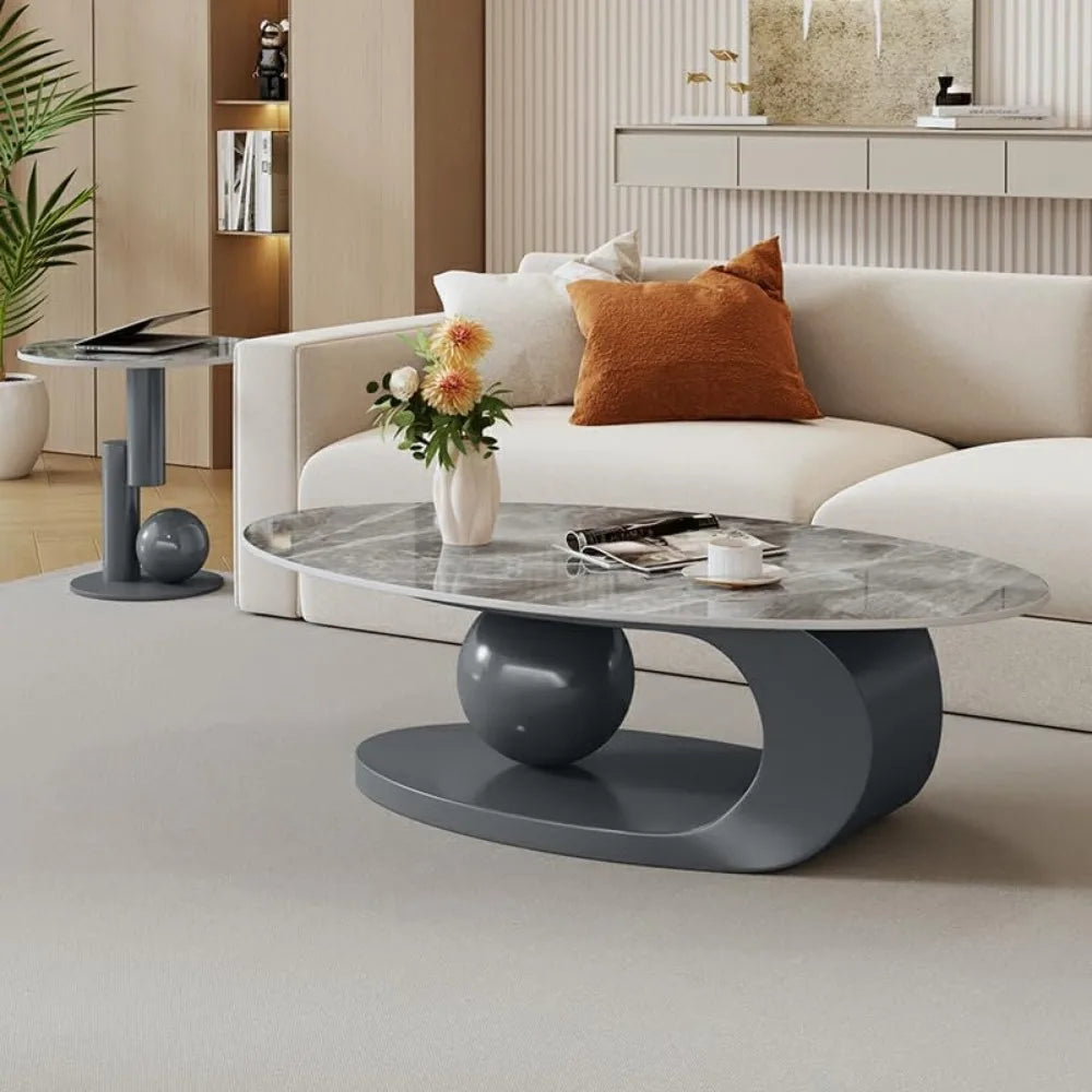 Modern Stone Coffee Table with Abstract Metal Base