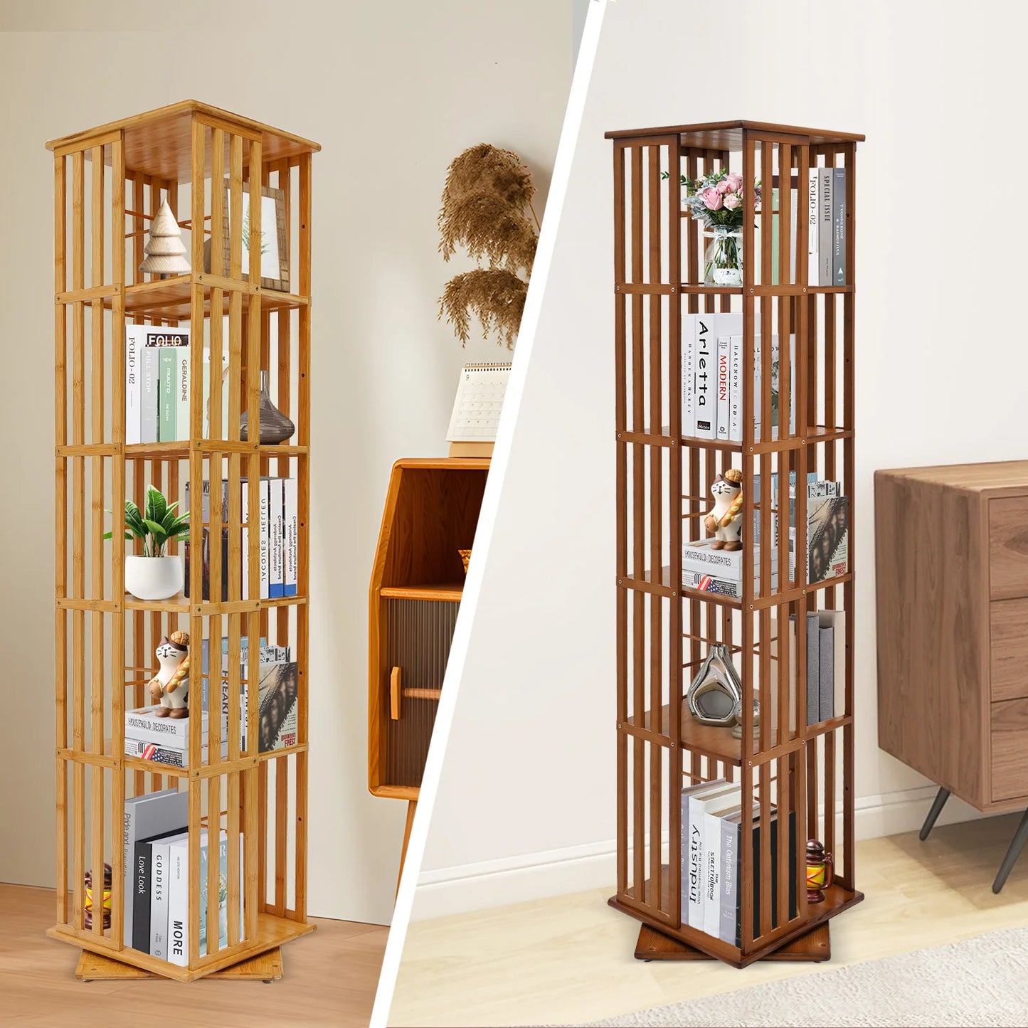5-Tier Bamboo Rotating Bookcase,Tan/Wood Color
