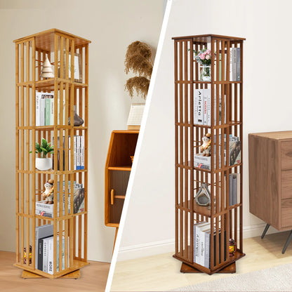 5-Tier Bamboo Rotating Bookcase,Tan/Wood Color