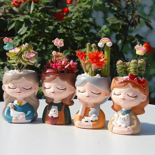 Cute Girl Small Plant Pot Resin Succulent Planter