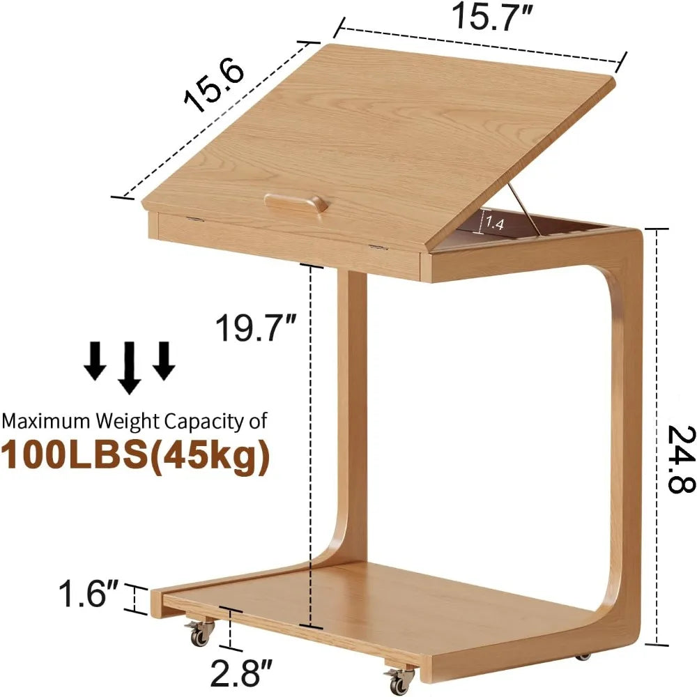 Compact Rolling C-Shaped Side Table Lockable Wheels