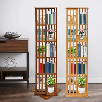 5-Tier Bamboo Rotating Bookcase,Tan/Wood Color