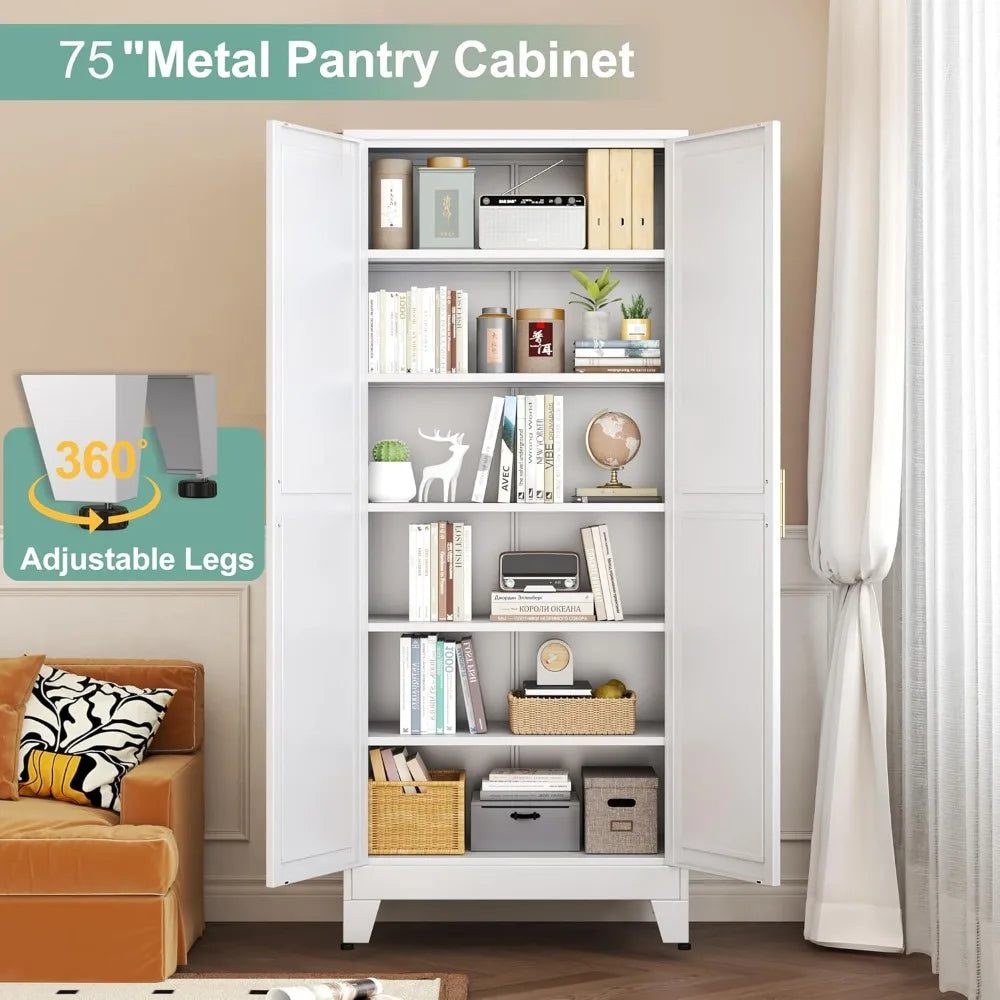 Metal Pantry Cabinet, 2 Doors, Adjustable Shelves