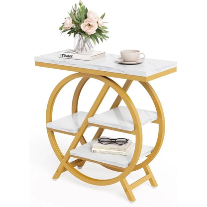 Narrow Faux Marble Side Table White/Gold