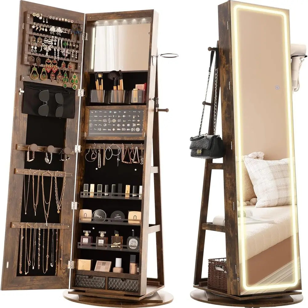 LED Mirror Jewelry Cabinet Standing, 360° Swivel