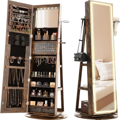 LED Mirror Jewelry Cabinet Standing, 360° Swivel