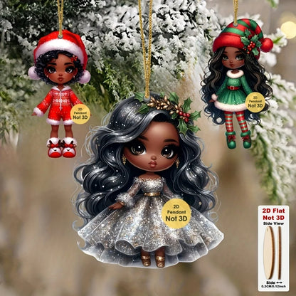 12pcs African American Christmas Ornaments 2D Wood