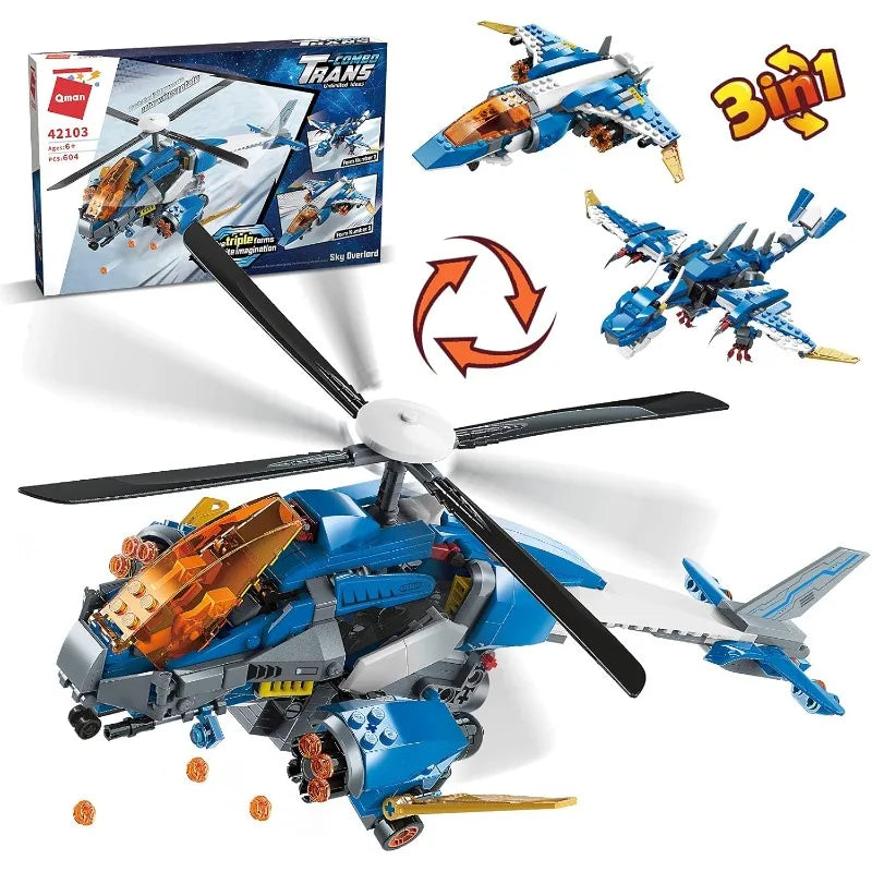 3 in1 Building Blocks, Helicopter Bomber, Monster Dragon               Cool Building Toy Best Toys Gifts Sky Overlord Series  604 Pieces