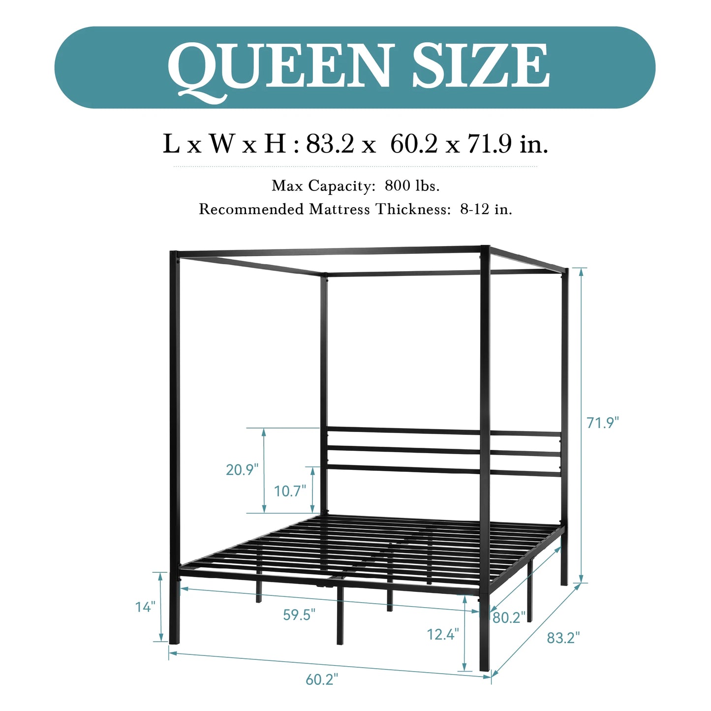 Canopy Bed Frame, Enhanced 4-Poster, 3-Metal Crossbar