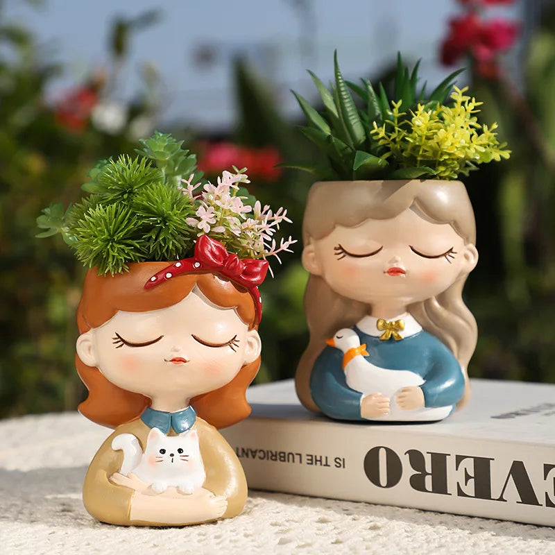 Cute Girl Small Plant Pot Resin Succulent Planter