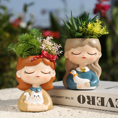 Cute Girl Small Plant Pot Resin Succulent Planter