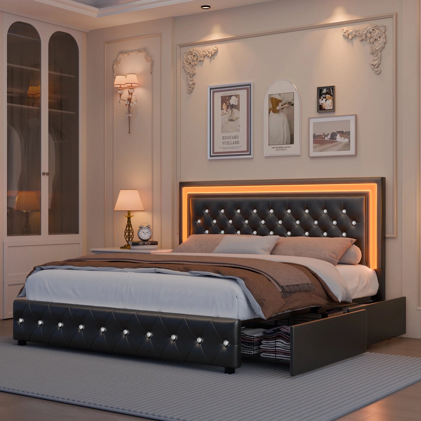 Queen LED Platform Bed Frame with Storage