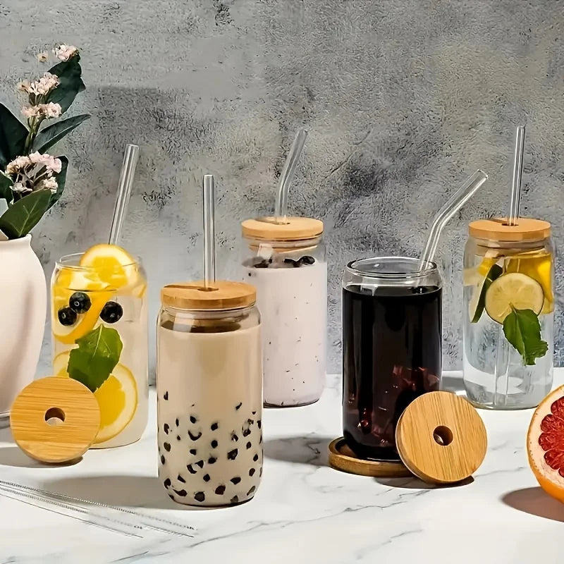 Drinking Glasses with Bamboo Lids, Glass Straw