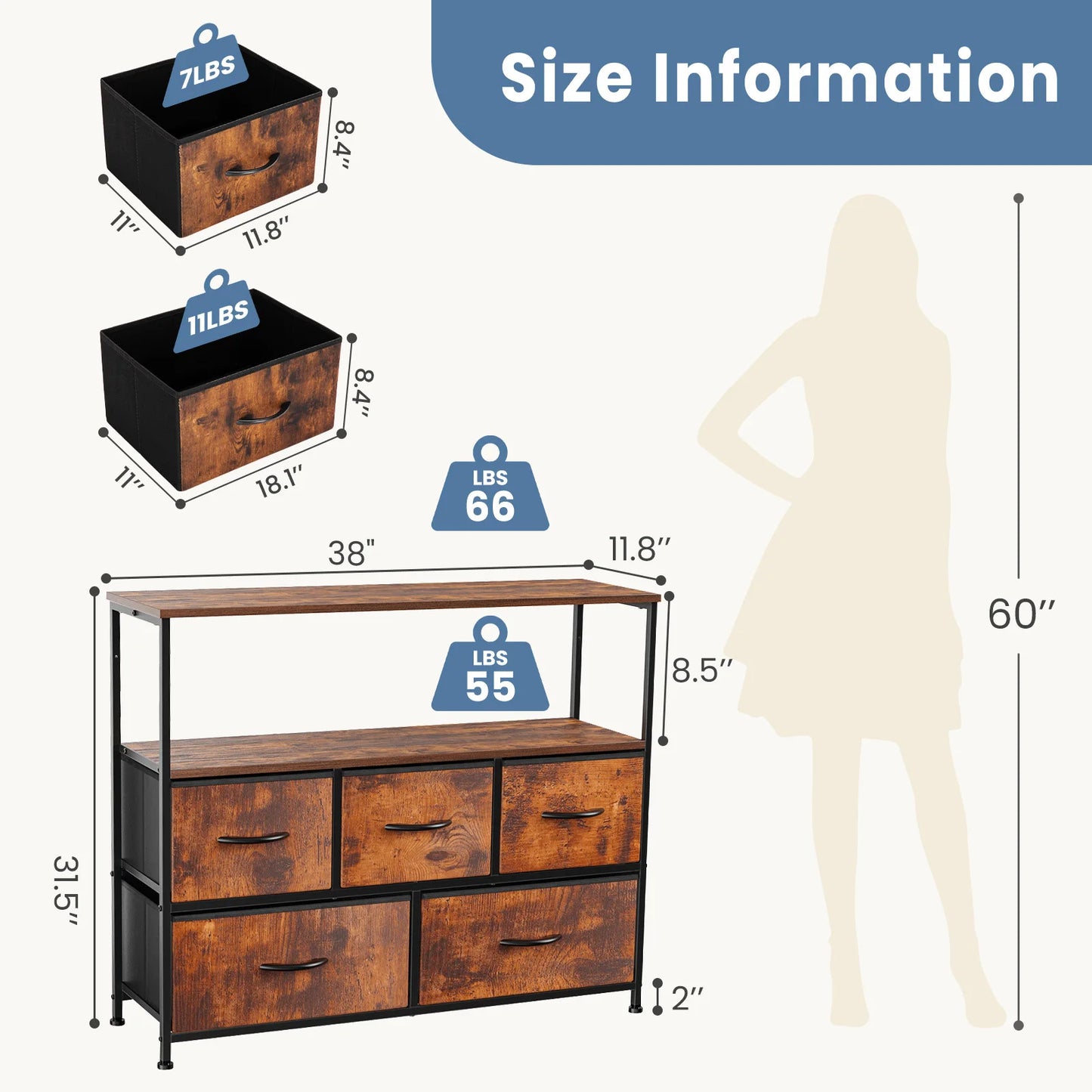 TV Stand Dresser For Bedroom, 5 Drawers