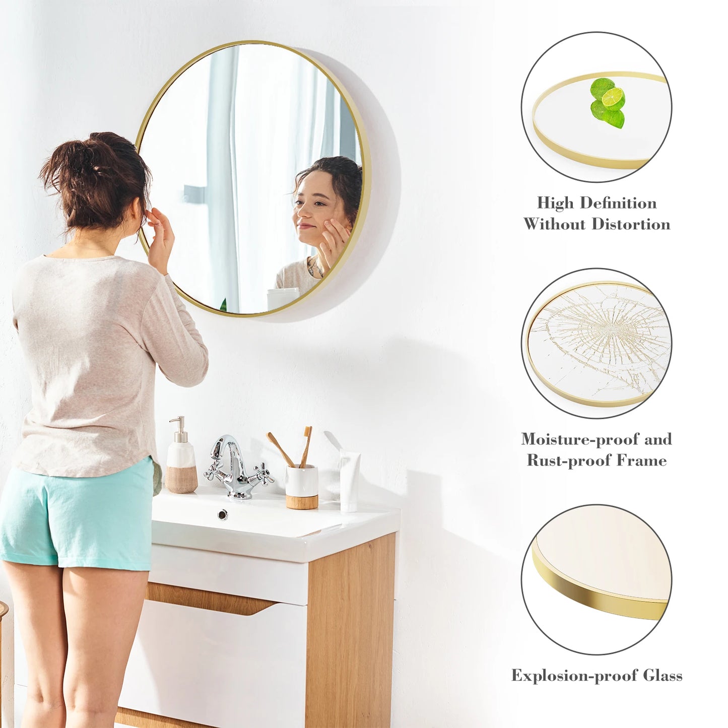 30 Inch Modern Gold Round Vanity Framed Mirror